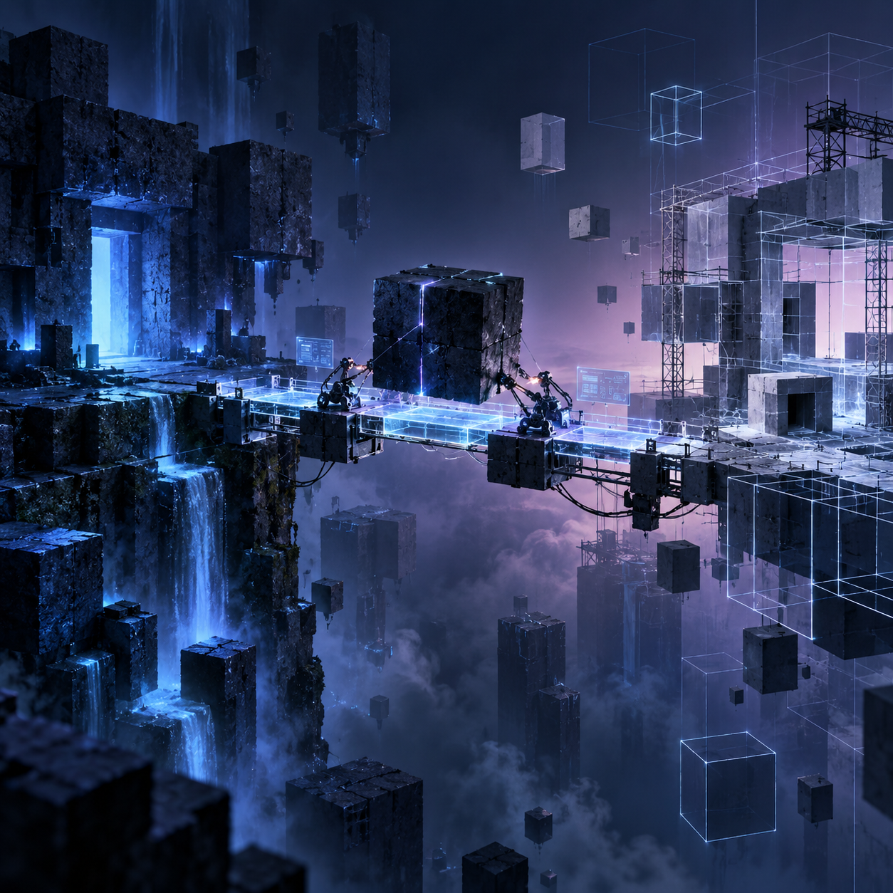 Concept art: robots assemble world segments among floating cubes and glowing frameworks